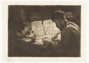 Zelfportret achter de tekentafel door Gerard Jan Bos (signed by artist)