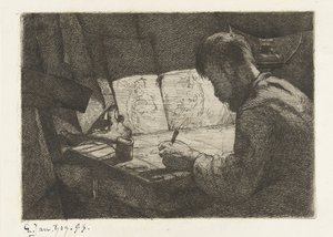 Zelfportret achter de tekentafel door Gerard Jan Bos (signed by artist)