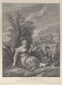 Een plattelandsvrouw zittend in het landschap met twee jongens aan haar zijde, 1729-40
