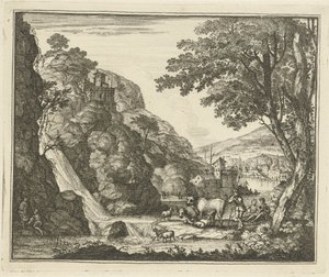 Herder met dieren bij een waterval