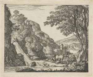 Herder met dieren bij een waterval door Gerard Melder
