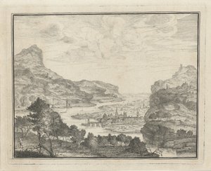 Rivierlandschap met gezicht op een stad door Gerard Melder