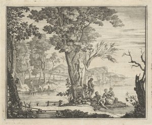 Rivierlandschap met hengelaars bij een beeld van Venus
