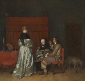Drie figuren in gesprek in een interieur De Vaderlijke Vermaning, ca. 1654