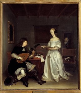 Het duo; zanger en luitspeler theorbo door Gerard ter Borch
