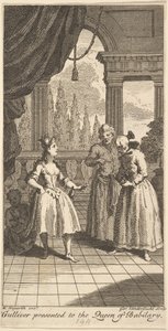 Gulliver Gepresenteerd aan de Koningin van Babilary, Frontispice van De Reizen van Mr. door Gerard Vandergucht