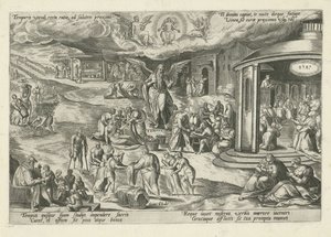 Vader Tijd te midden van scènes met werken van barmhartigheid en christelijke deugden. Moraliserende allegorieën op de tijd door Gerard de Jode