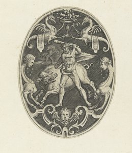 Vlakdecoratie: Hercules vangt het Erymantische everzwijn Ovale vlakdecoraties met de daden van Hercules in grotesken (series title)