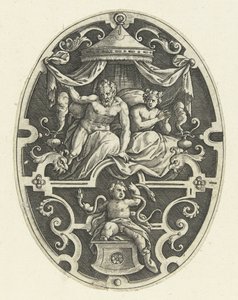 Vlakdecoratie: Hercules wurgt in zijn wieg de twee slangen Ovale vlakdecoraties met de daden van Hercules in grotesken (series title) door Gerard de Jode