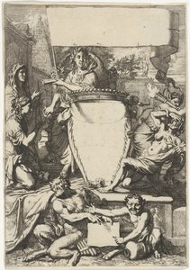 Cartouche omgeven door allegorische figuren