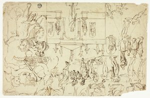 Kopieën naar illustraties van standbeelden en schilderijen (recto); maten voor het skelet van een man (verso) door Gerard de Lairesse