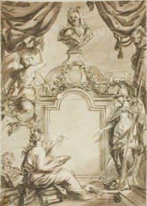 Ontwerp voor titelpagina: Clio neemt dictee af van Minerva door Gerard de Lairesse
