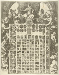 Geslachtswapens van prins Willem III in een allegorische omlijsting door Gerard de Lairesse