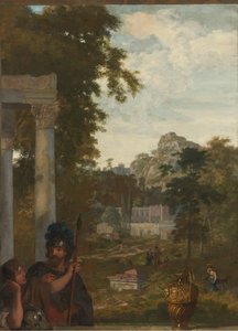 Italiaans landschap met twee Romeinse soldaten (serie titel) door Gerard de Lairesse