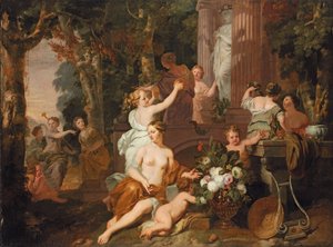 Nimfen en Bacchanten brengen eerbetoon in de tempel van Flora door Gerard de Lairesse