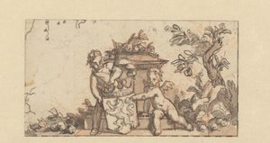 Ontwerp voor een vignet met twee putti met het wapenschild van Holland
