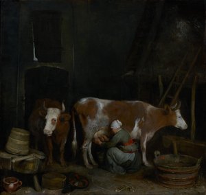 Een dienstmeid melkt een koe in een schuur door Gerard ter Borch