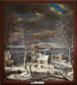 Een Dorp in de Winter met Figuren op het IJs door Gerard van Edema
