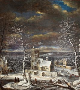 Een dorp in de winter in een uitgestrekt landschap met figuren op het ijs door Gerard van Edema