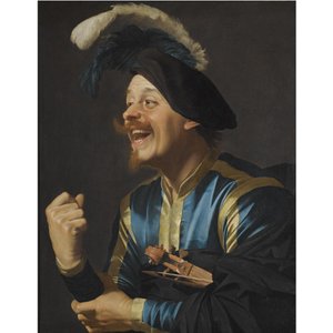Lachende muzikant met een viool onder zijn arm door Gerard van Honthorst