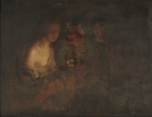 Jonge vrouw met een kandelaar, oude vrouw en een violist