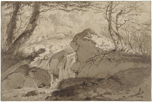 Berglandschap met waterval tussen bomen, waarlangs een schaapherder zijn kudde voert