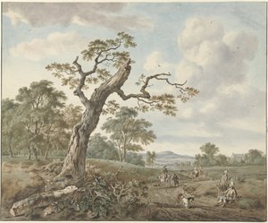 Landschap met jachtgezelschap op een landweg