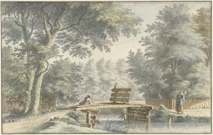 Landschap met een brug waarop een hengelaar door Gerard van Rossum