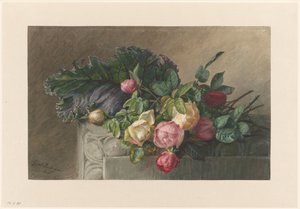 Stilleven met rozen en koolblad door Gerardina Jacoba van de Sande Bakhuyzen