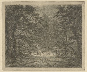 Herderin met koe in het bos