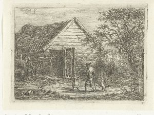 Jager bij plaggenhut door Gerardus Emaus de Micault