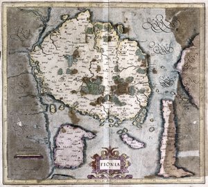 Denemarken (het eiland Langeland met Odense) (gravure) door Gerardus Mercator