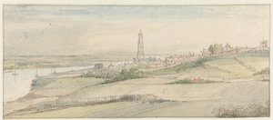 Gezicht op Rhenen en de Rijn vanuit het oosten