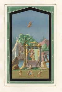 Landschapsschilderij uit de Exedra in het Huis van Vesonius Primus, een vollershuis. Chromolithografie door Victor Steeger naar een illustratie door Geremia Discanno uit Emile Presuhn (1844-1878) De Mooiste Schilderijen van Pompeii, Leipzig door Geremia Discanno
