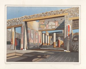 Zicht op het tablinum, een kamer naast het atrium, in het huis van de bankier Lucius Caecilis Iucundus, Reg V, Ins 1, 26 (chromolithografie door Victor Steeger naar een illustratie van Geremia Discanno uit Emile Presuhn)