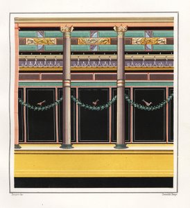 Muurschildering uit een kamer in het Huis van de Epigrammen. V, Ins. 1, No. 18. Chromolithografie door Victor Steeger naar een illustratie van Geremia Discanno uit Emile Presuhn (1844-1878) De Mooiste Schilderijen van Pompeii, Leipzig door Geremia Discanno