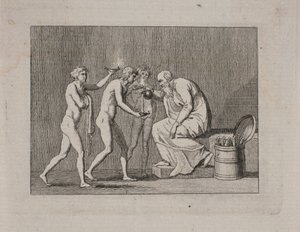 Allegorie met drie jongemannen en een oude man in antieke kleding