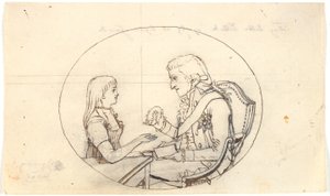 Erfprins Frederik met de erfprins (Chr. VIII) toont een portret van de overleden erfprinses Sofie Frederikke door Gerhard Ludvig Lahde