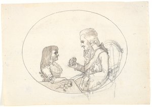 Kroonprins Frederik met de kroonprins (Chr. VIII) toont een portret van de overleden kroonprinses Sofie Frederikke door Gerhard Ludvig Lahde