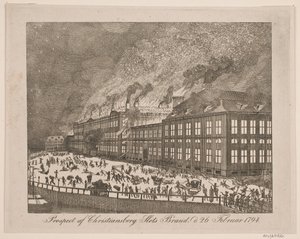 Gezicht op de brand van het Christiansborgslot op 26 februari 1794 door Gerhard Ludvig Lahde