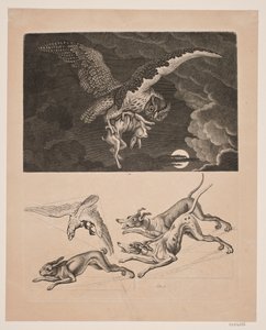Paneel met uil vliegend met haas eronder; honden, haas en jachtvalk door Gerhard Ludvig Lahde