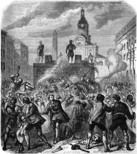 Stockholm bloedbad, massamoorden op Zweedse nationale verzetsleiders bevolen door koning Christiaan II van Denemarken, 8 november 1520: het leger probeert de woede van de bevolking te kalmeren, gedwongen om de executies te bekijken. Gravure door Gerlier door Gerlier Gerlier