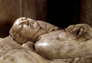 Grafmonument van Hendrik II (1519-1559) en Catherine de Medici (1519-1589) gemaakt in marmer door Germain Pilon (1535-1590). Detail van de Koningin van Frankrijk. 1563-1572. Gelegen in de Rotonde des Valois, ook bekend als kapel des Valois. Bas-reliëf