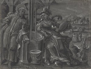 Christus en de vrouw van Samaria door German 16th Century