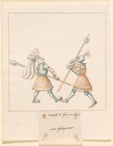 Freydal, Het boek van steekspelen en toernooien van keizer Maximiliaan I: Gevechten te voet (Steekspelen)(Deel III): G. Wolf von Fürstenberg mit Heleparten, Plaat 141 door German 16th Century