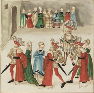 Drie mannen in rode mantels dansen met hun partners door German 16th Century