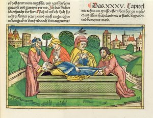 2 Kronieken 35:24 Begrafenis van Josia, uit de Neurenbergse Bijbel (Biblia Sacra Germanaica)
