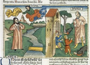 2 Koningen 2:1-24 Elia stijgt op naar de hemel in een wervelwind en de jongens die Elisa bespotten worden door beren opgegeten, uit de Neurenbergse Bijbel (Biblia Sacra Germanaica) door German School