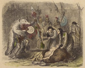 Een inheemse Amerikaanse medicijnman reciteert een bezwering om ziekte te genezen (gekleurde gravure) door German School