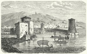 Een Fenicische haven (gravure) door German School